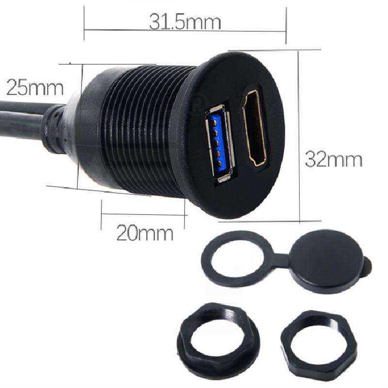 2m USB3.0+HDMI Car Waterproof Cable Motorcycle Boat Dashboard Extension Wire(Black)