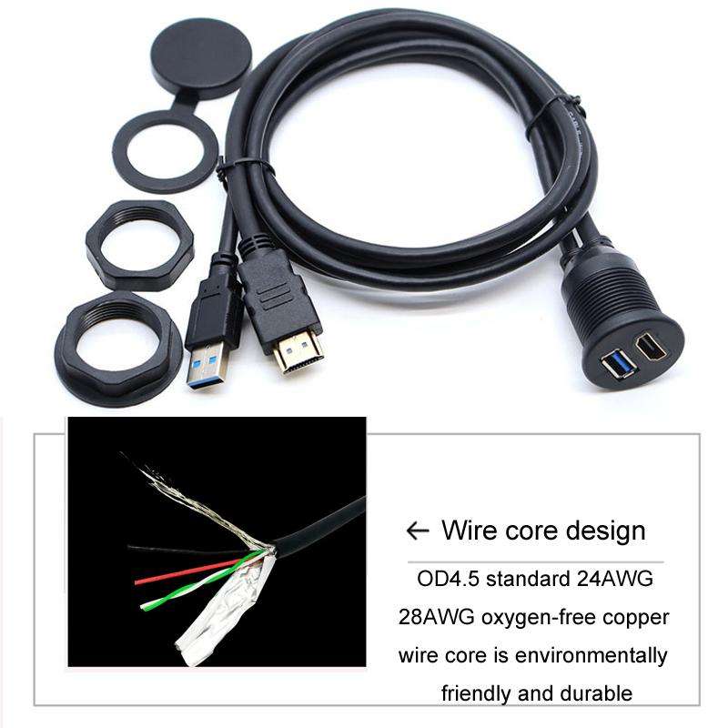2m USB3.0+HDMI Car Waterproof Cable Motorcycle Boat Dashboard Extension Wire(Black)