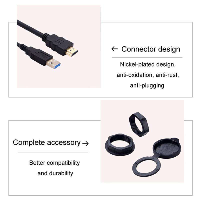 2m USB3.0+HDMI Car Waterproof Cable Motorcycle Boat Dashboard Extension Wire(Black)