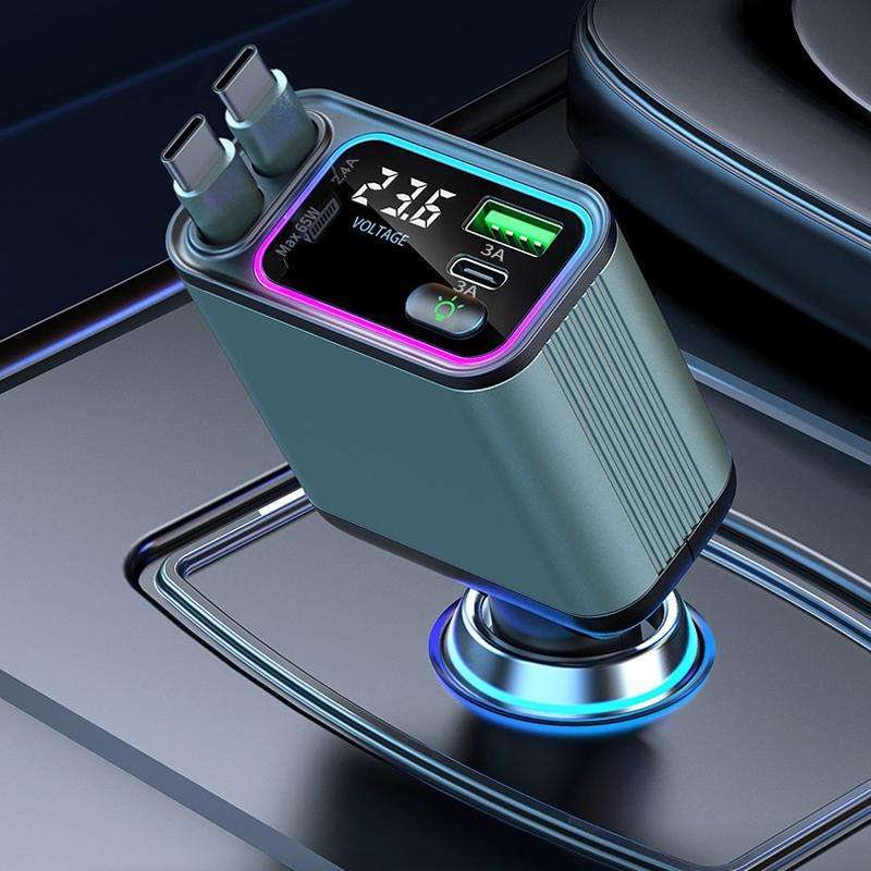 Dual Retractable Cable Auto Stowage Running Ambient Light Voltage Display Car Charger, Port: Type-C+
