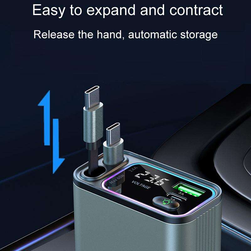 Dual Retractable Cable Auto Stowage Running Ambient Light Voltage Display Car Charger, Port: Type-C+