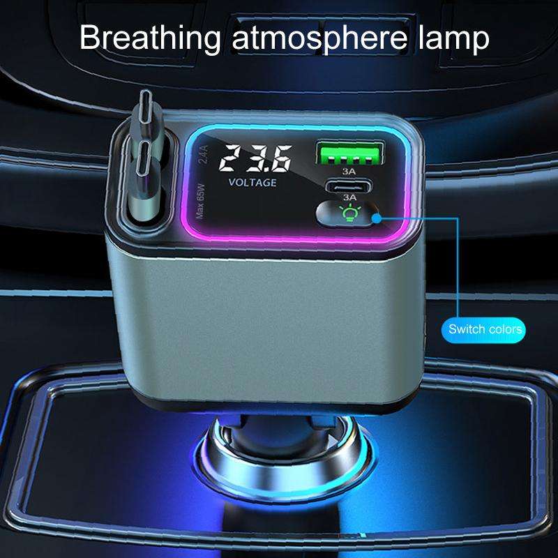 Dual Retractable Cable Auto Stowage Running Ambient Light Voltage Display Car Charger, Port: Type-C+