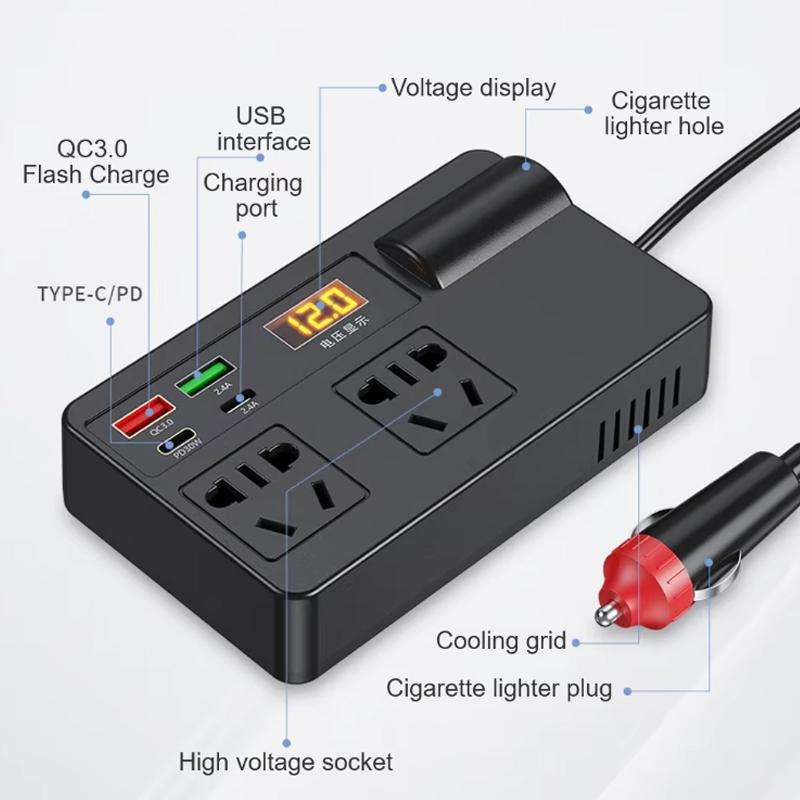 12V24V To 220V Car Multi-Function Inverter Socket Fast Charger(With Digital Display)