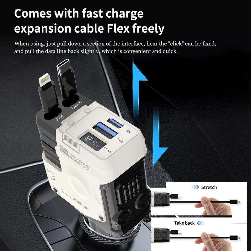 A1 Car 4 In 1 Digital Fast Charger With Retractable Cable(Yellow)