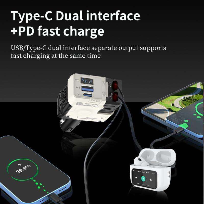 A1 Car 4 In 1 Digital Fast Charger With Retractable Cable(Yellow)