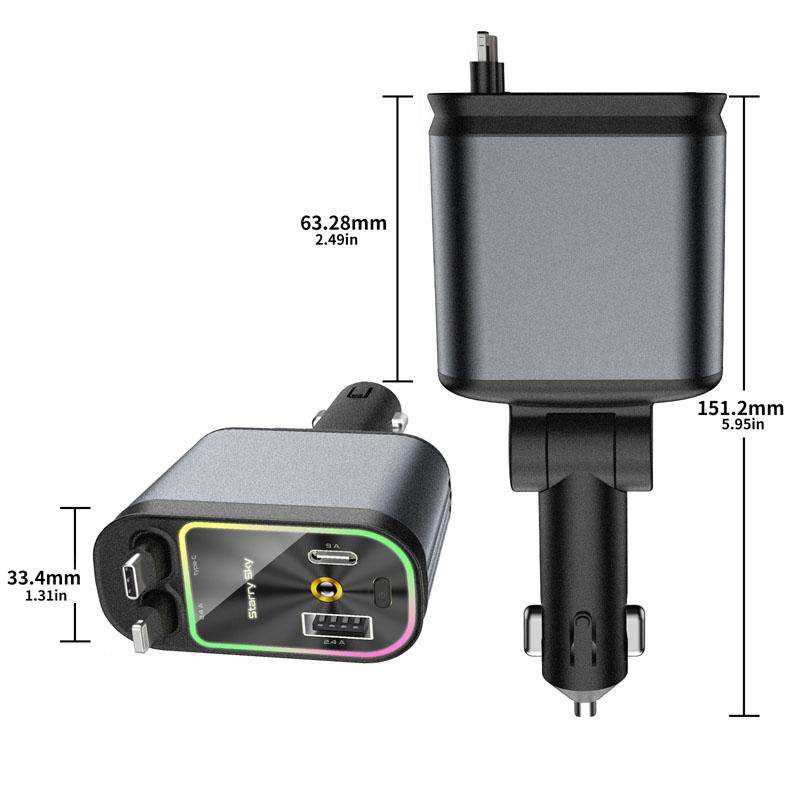C3 Car Star Spotlight 4 In 1 Charger With Retractable Cable(Dark Gray)