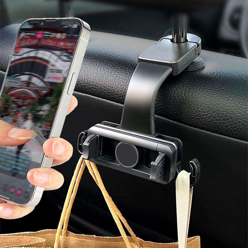 Car Rear Seat Headrest Multifunctional Rotating Telescopic Cell Phone Holder Hooks(Black)