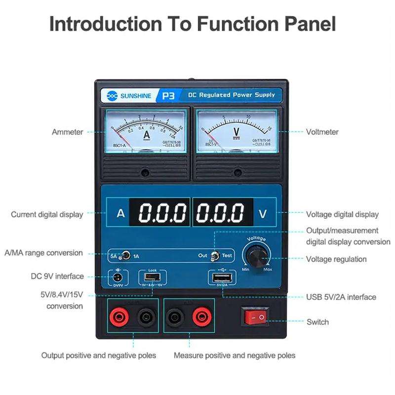SUNSHINE P3 DC Regulated Power Supply 5V/8.4V/15V Switching Mobile Phone Repair Regulated Power Supp