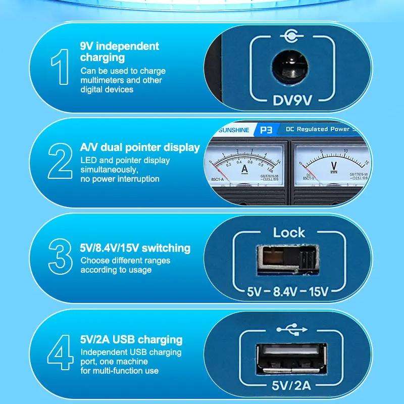 SUNSHINE P3 DC Regulated Power Supply 5V/8.4V/15V Switching Mobile Phone Repair Regulated Power Supp