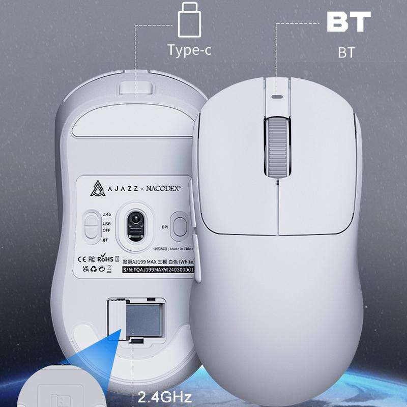 Ajazz AJ199 MAX Wireless 2.4GHz Wired BT Tri-Mode Mouse PAW3395 Lightweight Gaming Mouse(White)