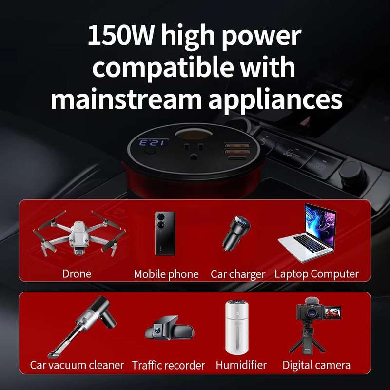 XUYUAN Car Inverter 12V To 110V Mini Charge Converter 150W High Power Socket, US Plug(Red)
