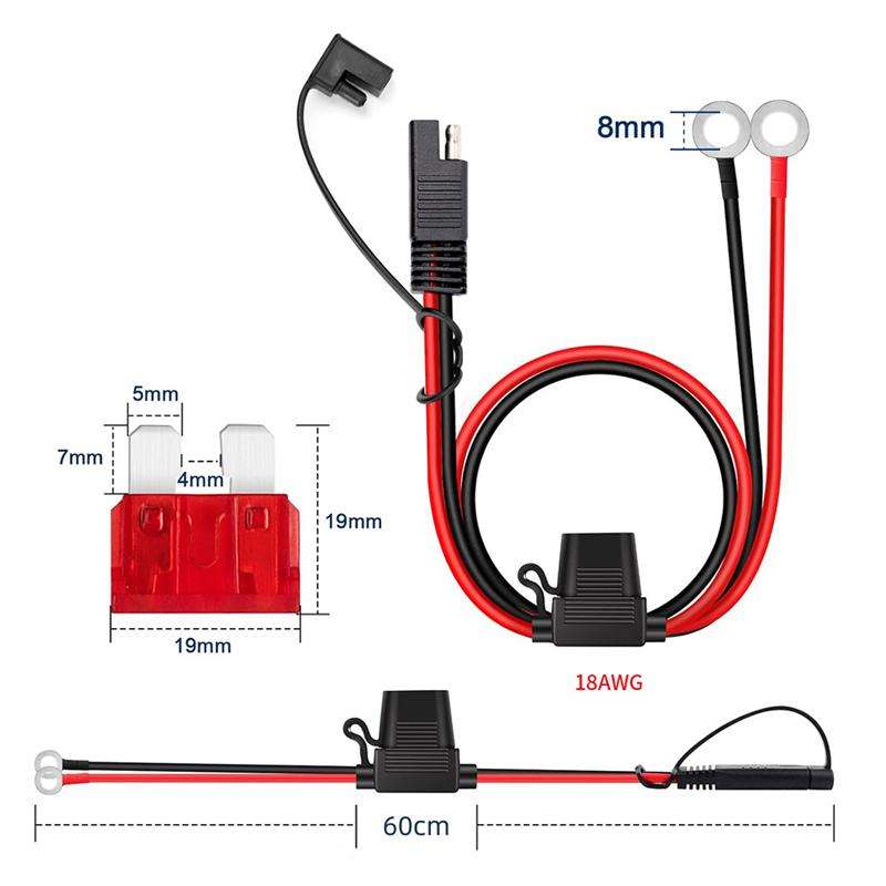 60cm O-Terminal to SAE Power Cable With Fuse Battery Charger Extension Adapter Wire