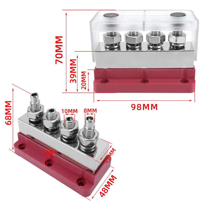600A RV Yacht Copper Bolt 4 Stud Heavy Duty Busbar Terminal, Color: Red Single