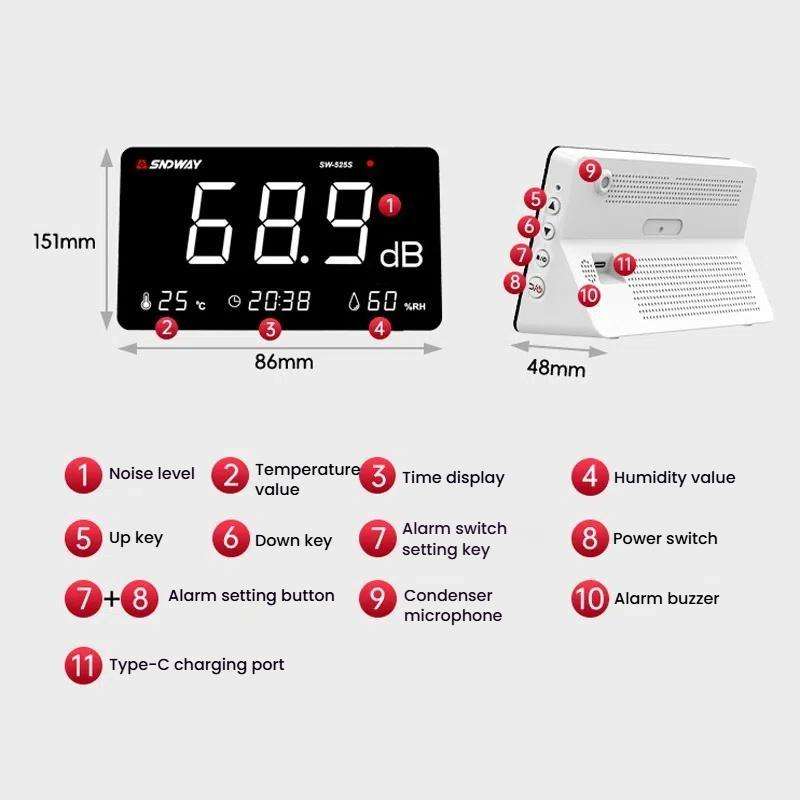 SNDWAY SW-525S Desktop Noise Meter Temperature and Humidity Meter Decibel Meter Environmental Noise