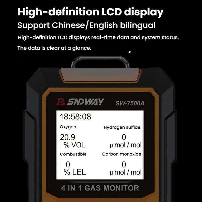 SNDWAY SW7500A 4 In 1 Gas Detector Combustible Gas Oxygen Hydrogen Sulfide Toxic and Harmful Detecti