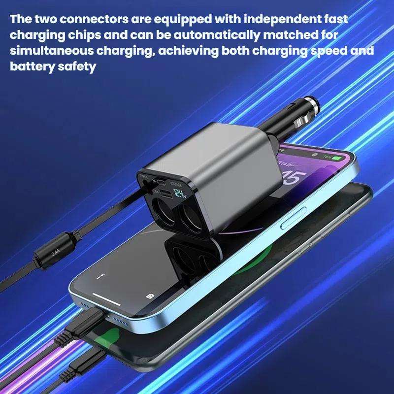 120W 1 To 2 Retractable USB Car Fast Charging Charger With Cigarette Lighter(8 Pin+TYPE-C)