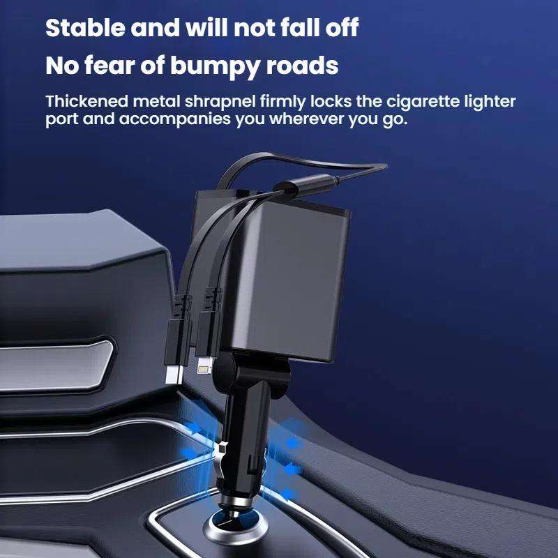 120W 1 To 2 Retractable USB Car Fast Charging Charger With Cigarette Lighter(8 Pin+TYPE-C)