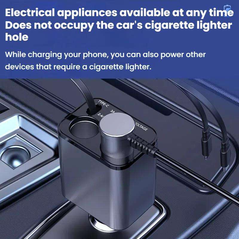 120W 1 To 2 Retractable USB Car Fast Charging Charger With Cigarette Lighter(8 Pin+TYPE-C)