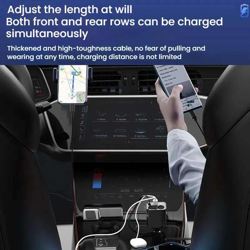 120W 1 To 2 Retractable USB Car Fast Charging Charger With Cigarette Lighter(8 Pin+TYPE-C)