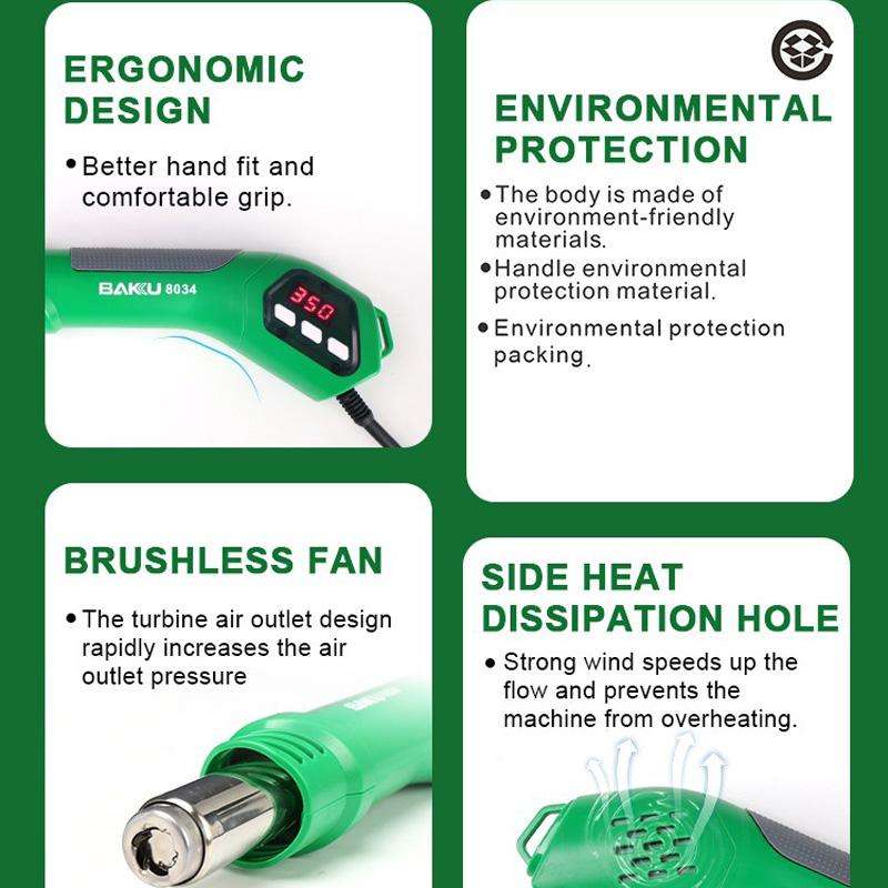 BAKU BA-8034 650W Hot Air Blower 100-500 Degrees Celsius Heat Tool With 3 Nozzles 220V EU Plug