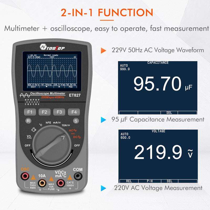 TOOLTOP ET827 Oscilloscope Multimeter 200Msps Sampling Rate 40MHz Oscilloscope + Multimeter 2 In 1