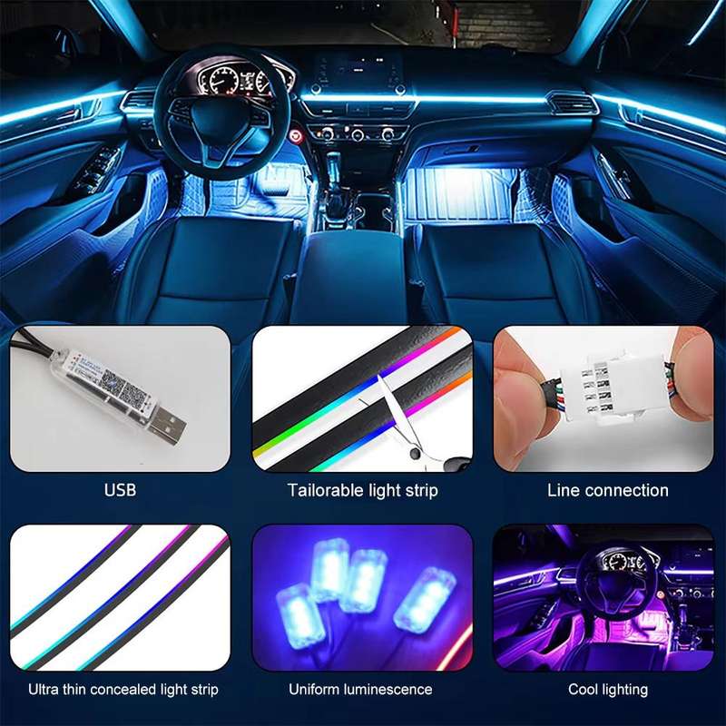 3 Control App Remote Control Colorful Car Interior Ambient Lighting Modified LED Acrylic USB Car Amb