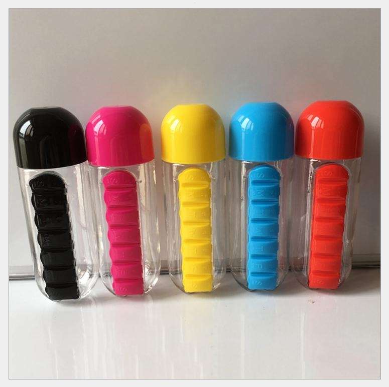 600ML Plastic Water Bottle with Daily Pill Box Organizer Drinking Bottles(Black)