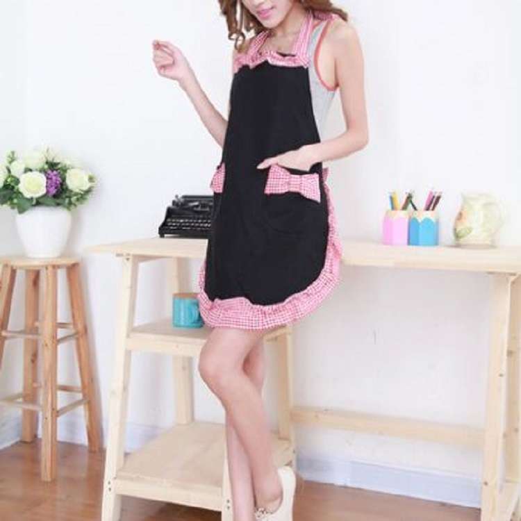 Sleeveless Bow Lace Apron with Pocket(Black White Grid on Red)