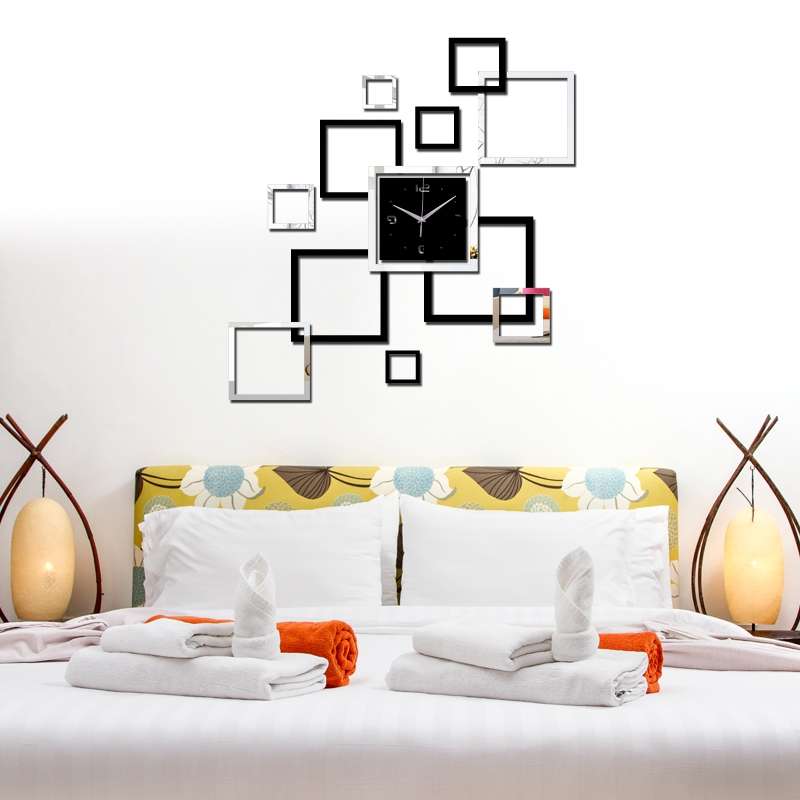 Living Room Wall Clock Creative Clock Acrylic DIY Mirror Wall Stickers Decorative Black Silver Squar