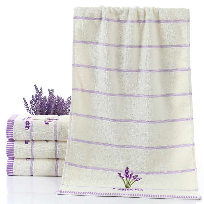 Pure Cotton Thicken Stripe Face Towels Lavender Pattern Absorbent Face Towels(Purple)