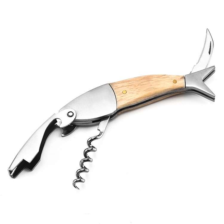Fish Shape Wine Opener Wine Multifunctional Corkscrew with Wooden Handle