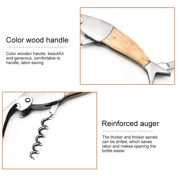 Fish Shape Wine Opener Wine Multifunctional Corkscrew with Wooden Handle