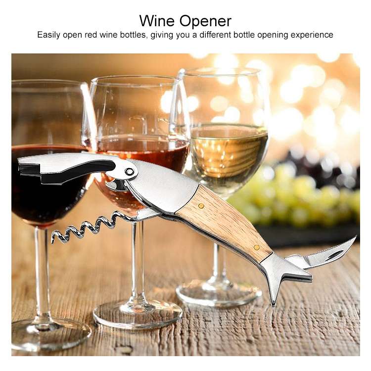 Fish Shape Wine Opener Wine Multifunctional Corkscrew with Wooden Handle