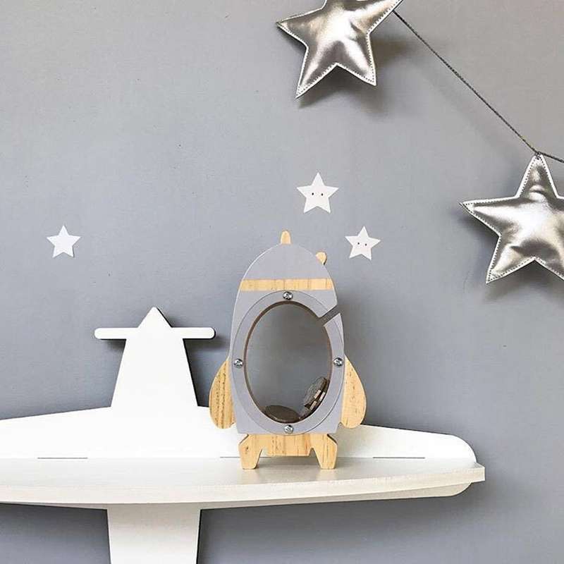 Nordic Wood Rocket Money Box Toys Living Room Decoration Piggy Bank(Black)
