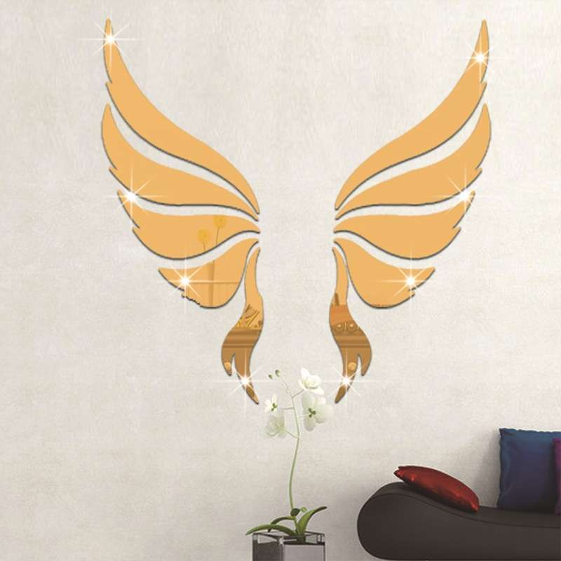 Crystal Three Dimensional Decorative Wall Stickers Angel Wings Bedroom Decorative Mirror(Gold)