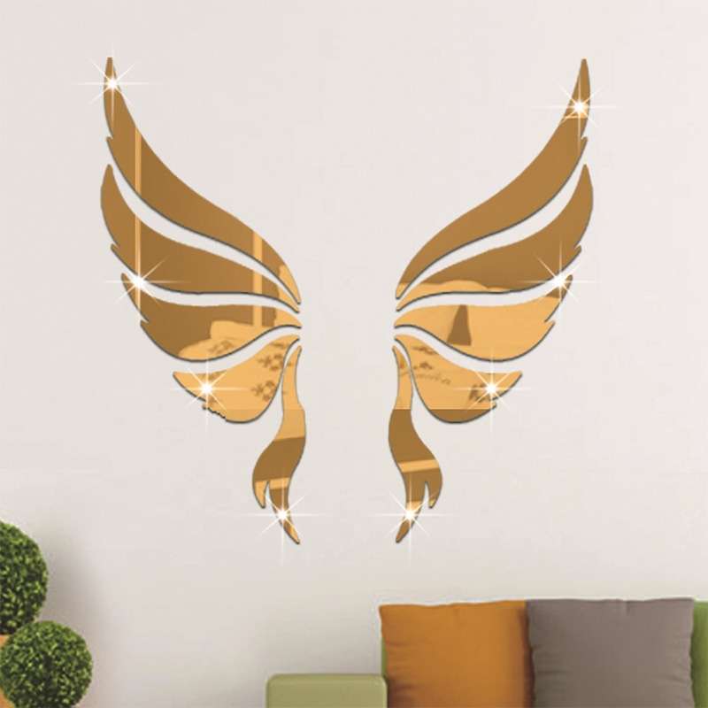 Crystal Three Dimensional Decorative Wall Stickers Angel Wings Bedroom Decorative Mirror(Gold)