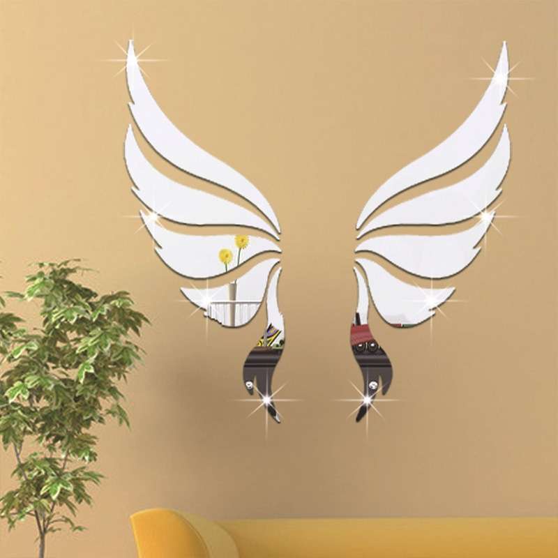 Crystal Three Dimensional Decorative Wall Stickers Angel Wings Bedroom Decorative Mirror(Gold)