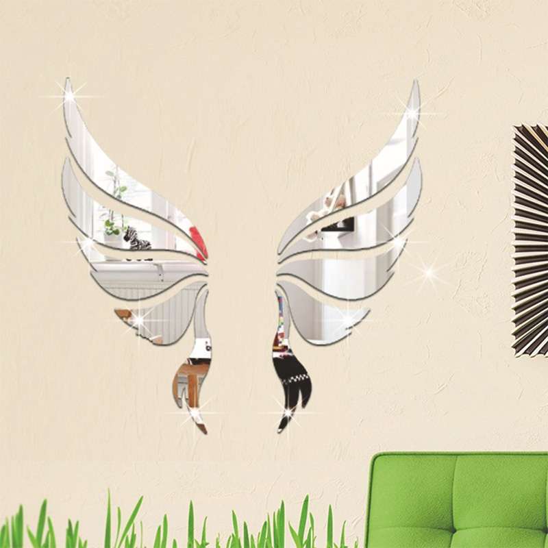 Crystal Three Dimensional Decorative Wall Stickers Angel Wings Bedroom Decorative Mirror(Gold)