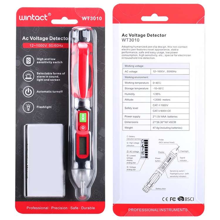 WINTACT WT3010 LED AC Voltage Tester Non-Contact Detector Pen 12-1000V AC Voltage Detector