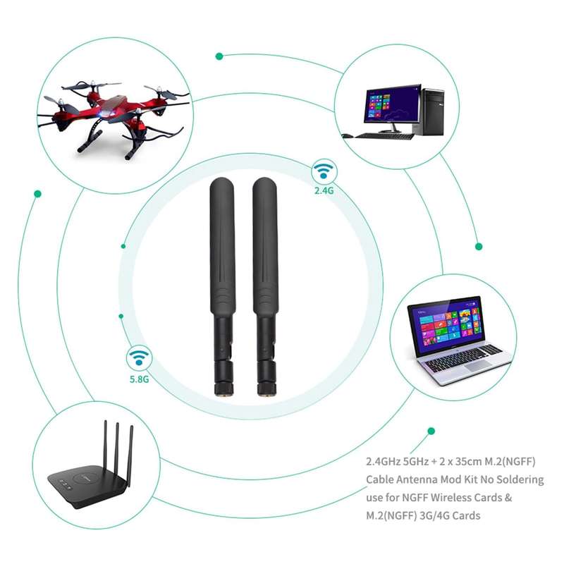 2 x 6dBi 2.4GHz 5GHz Dual Band WiFi RP-SMA Male Antenna + 2 x 35CM RP-SMA IPEX MHF4 Pigtail Cable fo