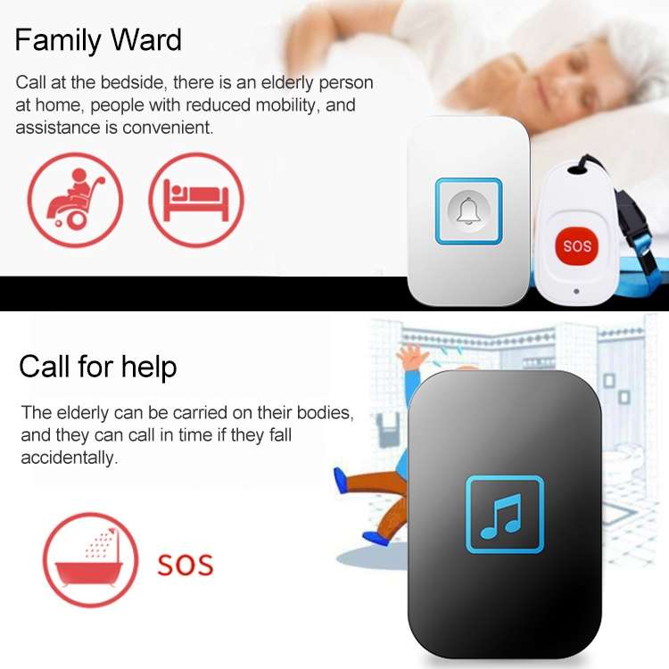 CACAZI C86 Wireless SOS Pager Doorbell Old man Child Emergency Alarm Remote Call Bell, EU Plug(Black