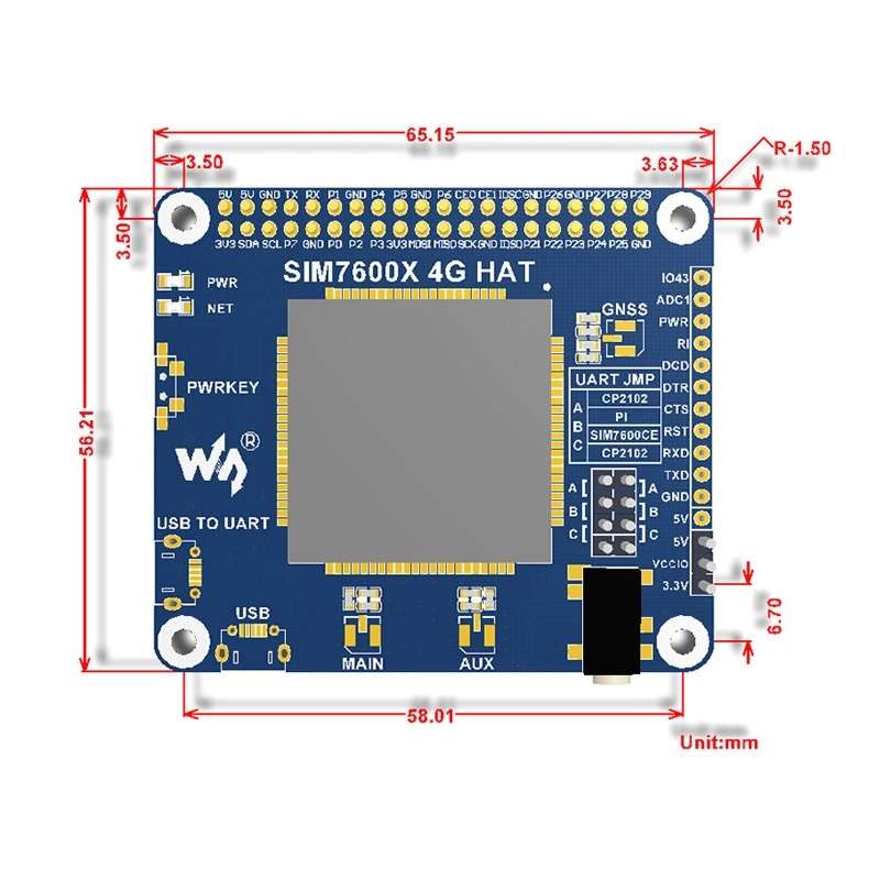 Waveshare 4G / 3G / 2G / GSM / GPRS / GNSS HAT for Raspberry Pi, LTE CAT4, for China