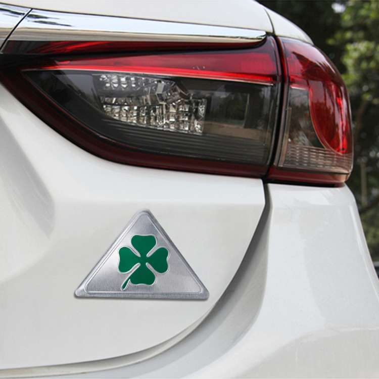 Four Leaf Clover Herb Luck Symbol Aluminum Slim Triangle Badge Emblem Labeling Sticker Styling Car D