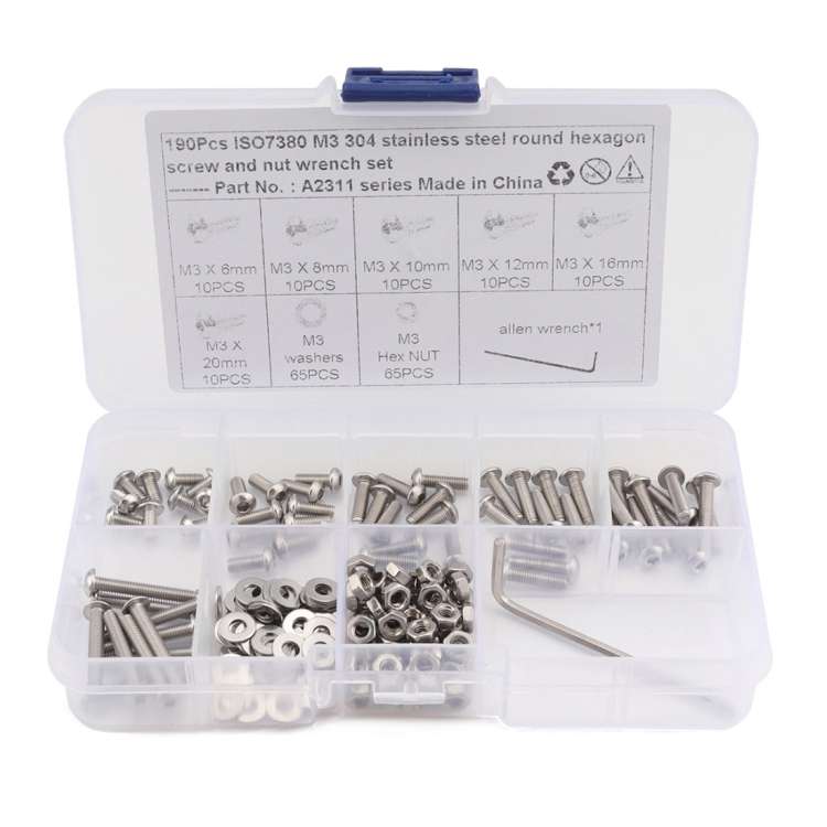 190 PCS 304 Stainless Steel Screws and Nuts M3 Hex Socket Head Cap Screws Gasket Wrench Assortment S