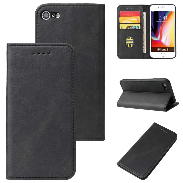 For iPhone SE 2022 / SE 2020 / 8 / 7 Calf Texture Magnetic Horizontal Flip Leather Case with Holder