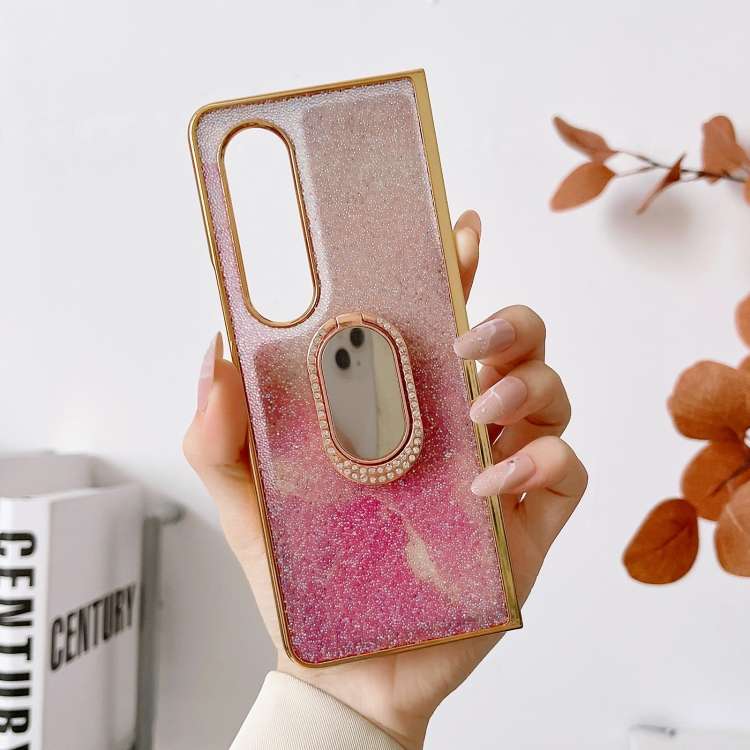 For Samsung Galaxy Z Fold4 5G Shinning Diamond Ring Holder Phone Case(Pink White)