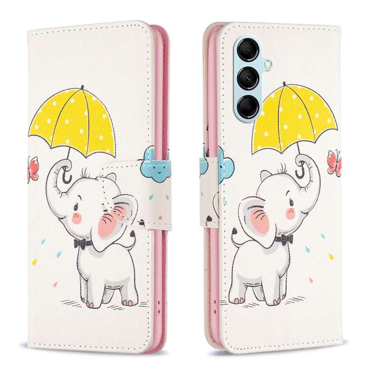 For Samsung Galaxy M14 5G Colored Drawing Leather Phone Case(Umbrella Elephant)
