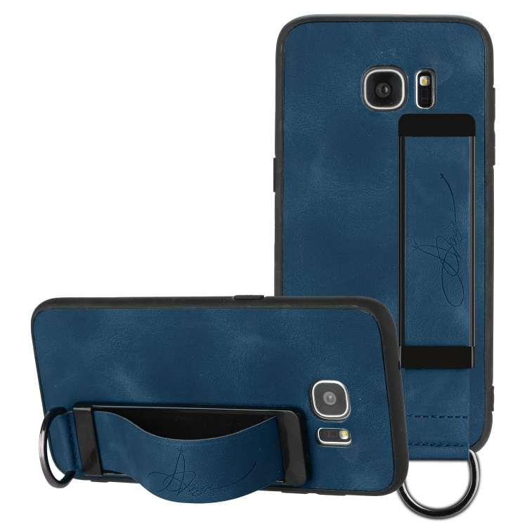 For Samsung Galaxy S7 Edge Wristband Holder Leather Back Phone Case(Royal Blue)