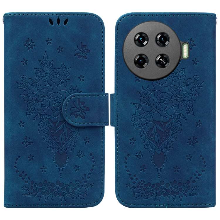 For Tecno Spark 20 Pro+ 4G Butterfly Rose Embossed Leather Phone Case(Blue)