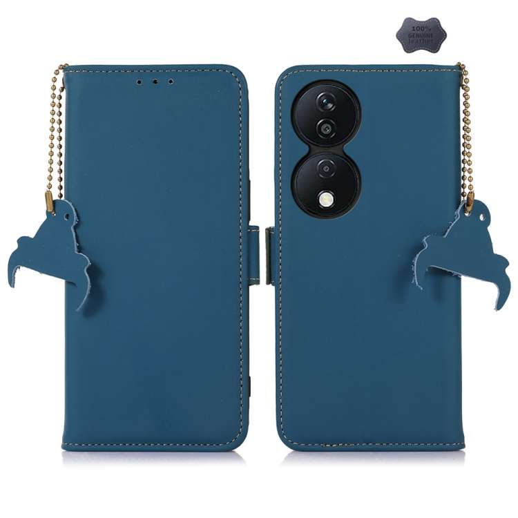 For Honor X7b Genuine Leather Magnetic RFID Leather Phone Case(Blue)